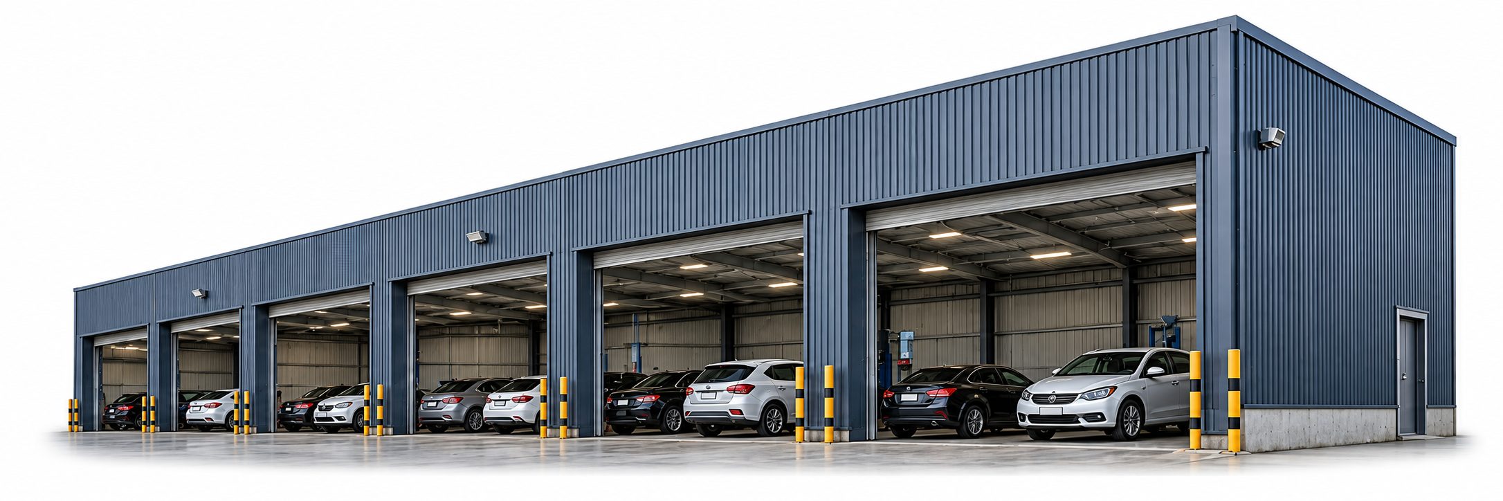 Nave con varias puertas enrollables y vehículos estacionados en su interior